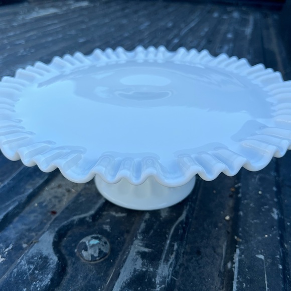 Vintage Milk Glass Cake Plate Pedestal Footed White Ruffles - Picture 2 of 6